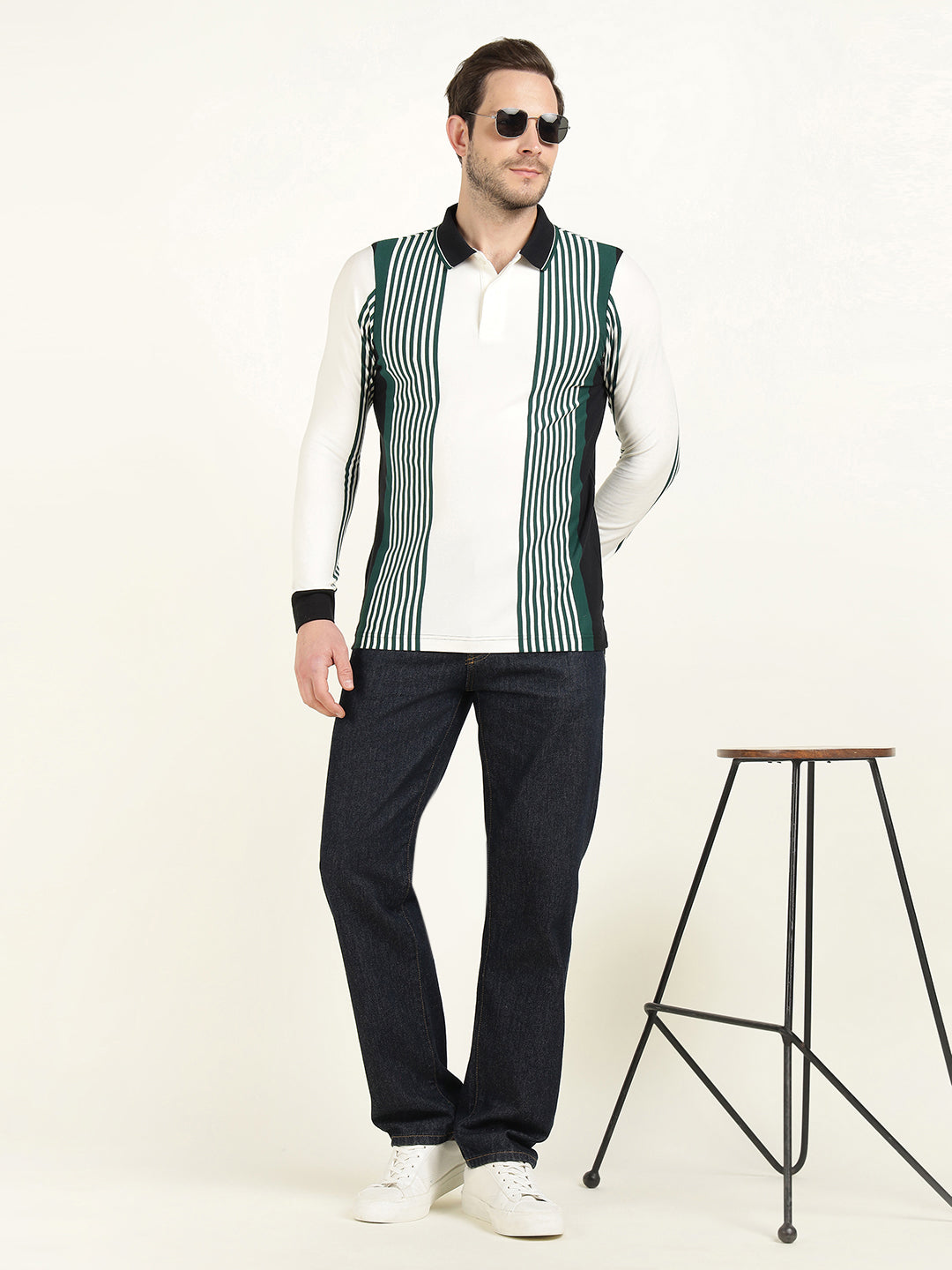 Hancock Men White & Green Vertical Striped Polo Collar Pure Cotton Stretch Slim Fit T-shirt