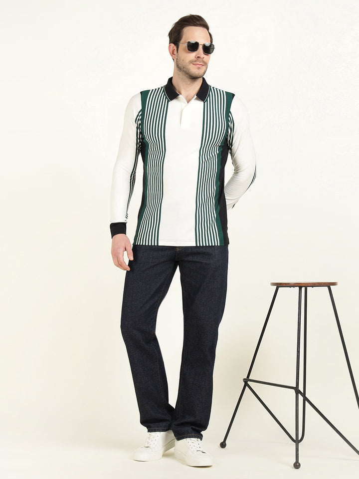Hancock Men White & Green Vertical Striped Polo Collar Pure Cotton Stretch Slim Fit T-shirt