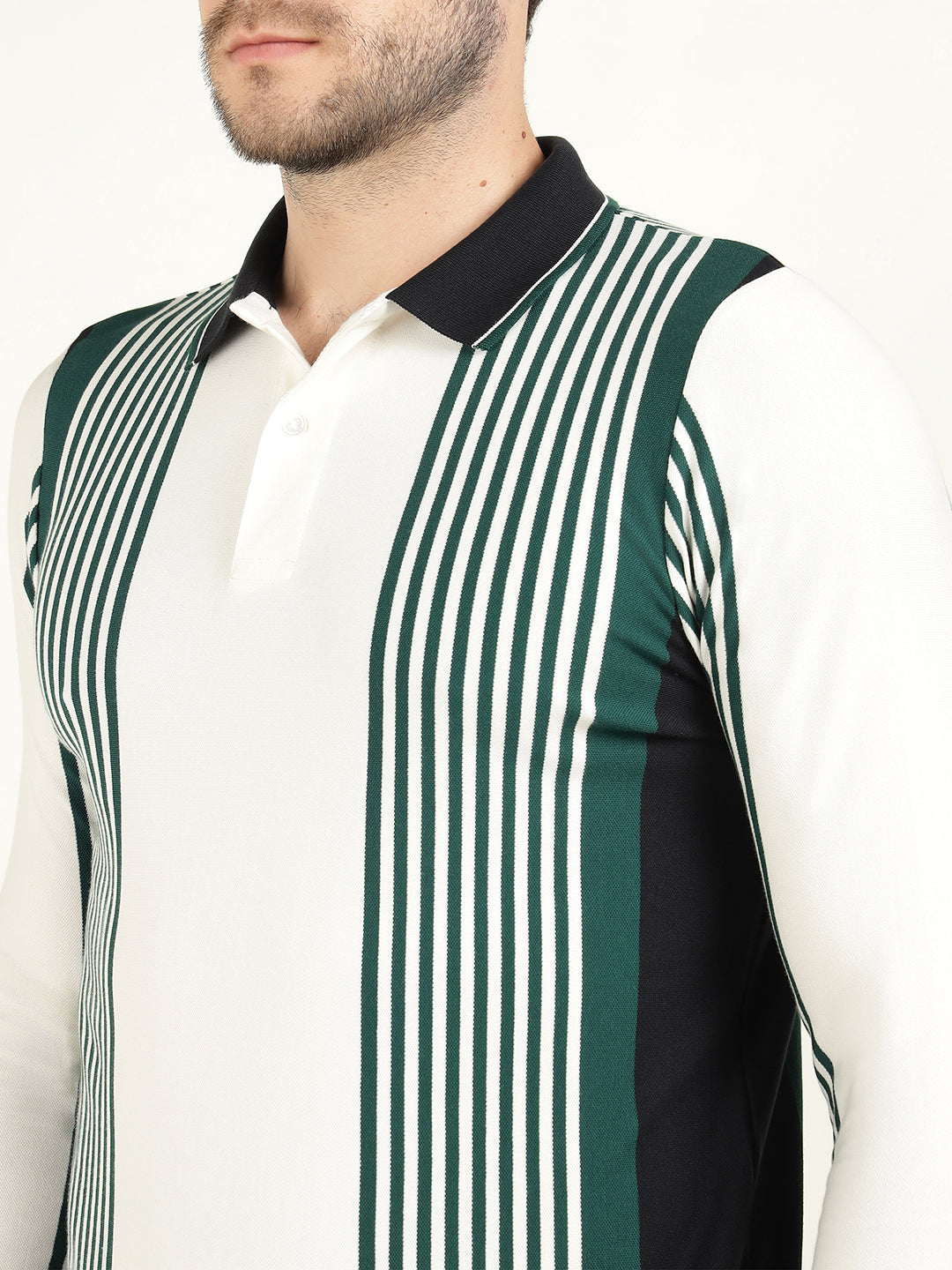 Hancock Men White & Green Vertical Striped Polo Collar Pure Cotton Stretch Slim Fit T-shirt