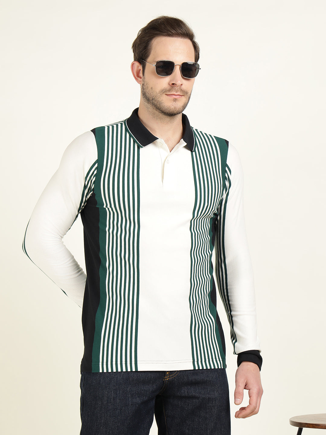 Hancock Men White & Green Vertical Striped Polo Collar Pure Cotton Stretch Slim Fit T-shirt