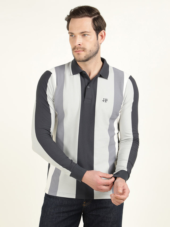 Hancock Men Navy Blue & Grey Vertical Striped Polo Collar Pure Cotton Stretch Slim Fit T-shirt