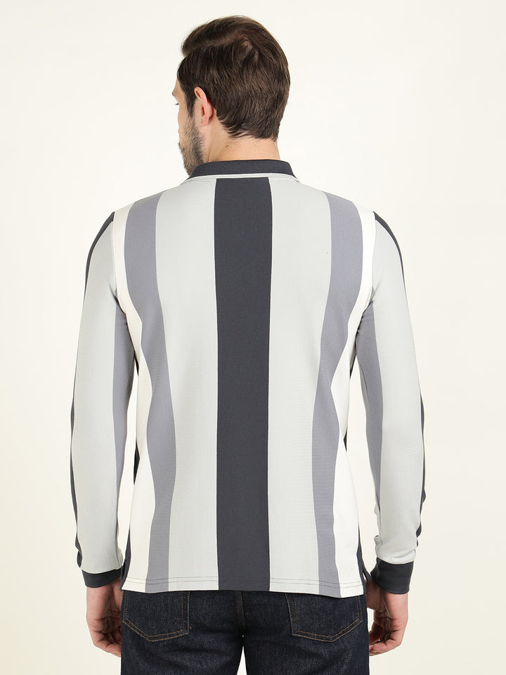 Hancock Men Navy Blue & Grey Vertical Striped Polo Collar Pure Cotton Stretch Slim Fit T-shirt