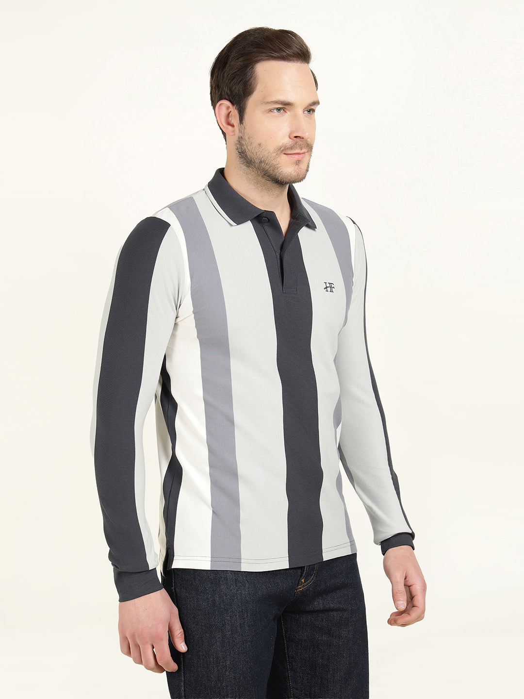 Hancock Men Navy Blue & Grey Vertical Striped Polo Collar Pure Cotton Stretch Slim Fit T-shirt