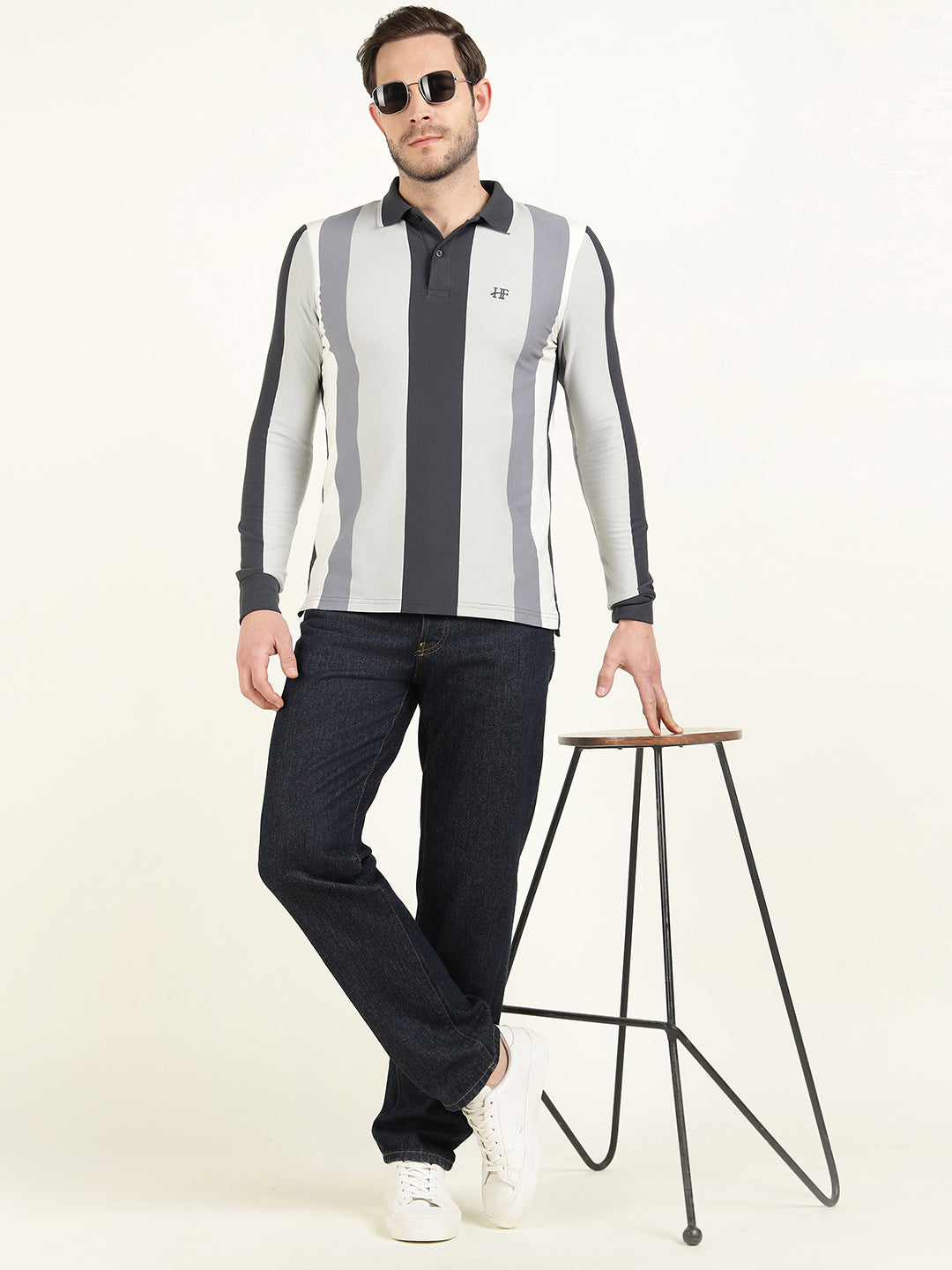 Hancock Men Navy Blue & Grey Vertical Striped Polo Collar Pure Cotton Stretch Slim Fit T-shirt