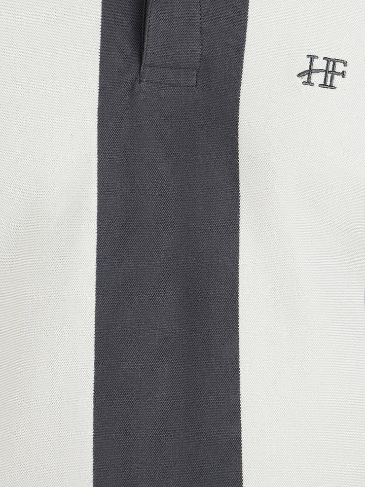 Hancock Men Navy Blue & Grey Vertical Striped Polo Collar Pure Cotton Stretch Slim Fit T-shirt