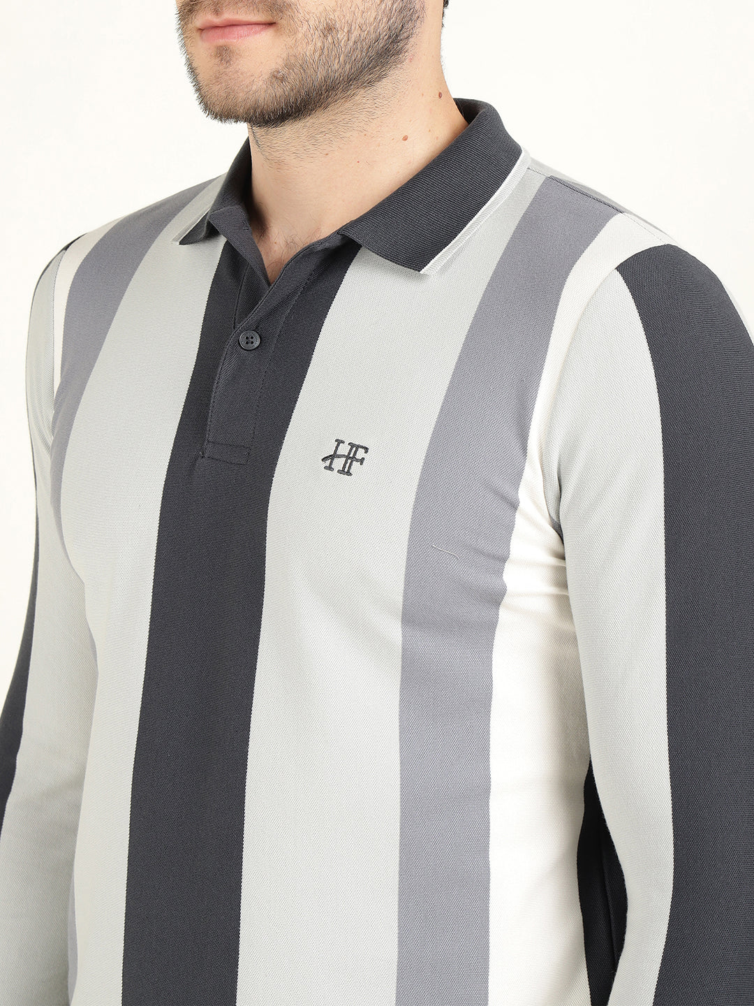 Hancock Men Navy Blue & Grey Vertical Striped Polo Collar Pure Cotton Stretch Slim Fit T-shirt