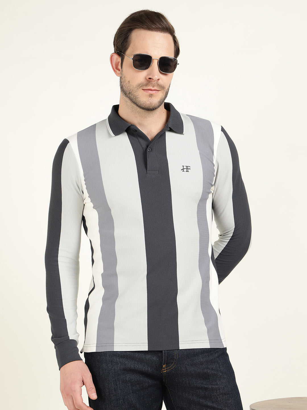 Hancock Men Navy Blue & Grey Vertical Striped Polo Collar Pure Cotton Stretch Slim Fit T-shirt