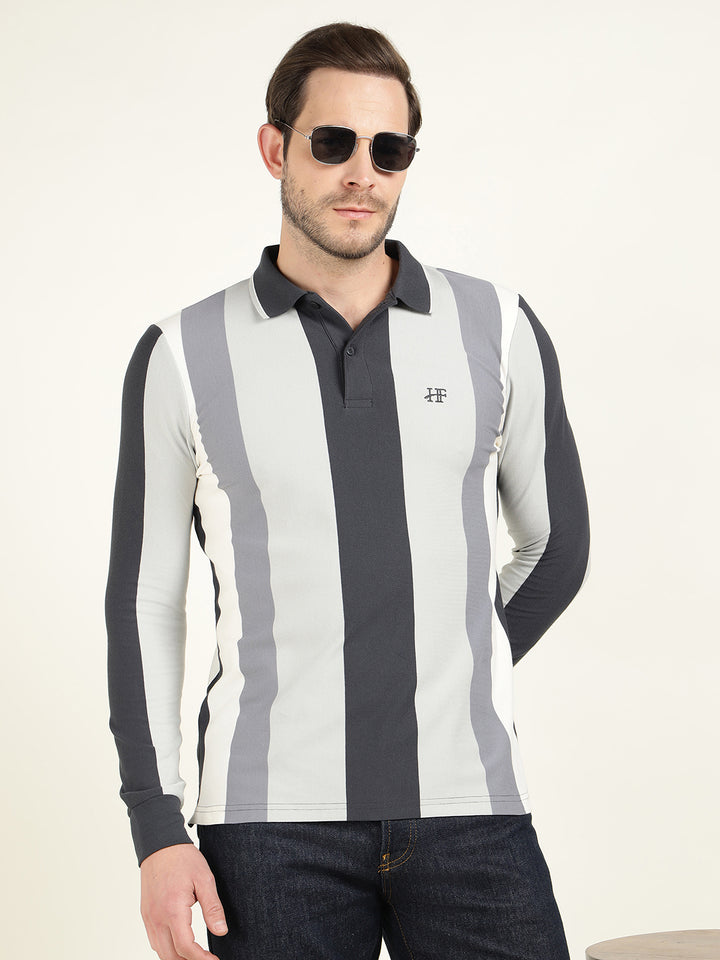 Hancock Men Navy Blue & Grey Vertical Striped Polo Collar Pure Cotton Stretch Slim Fit T-shirt