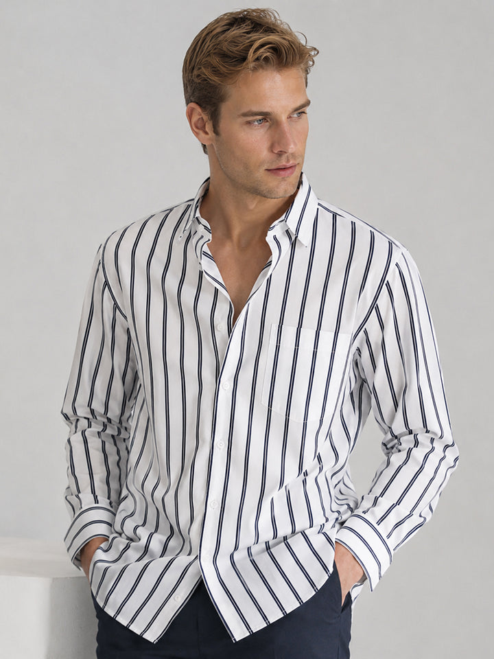 Men White & Navy Blue Striped Pure Cotton Slim Fit Casual Shirt