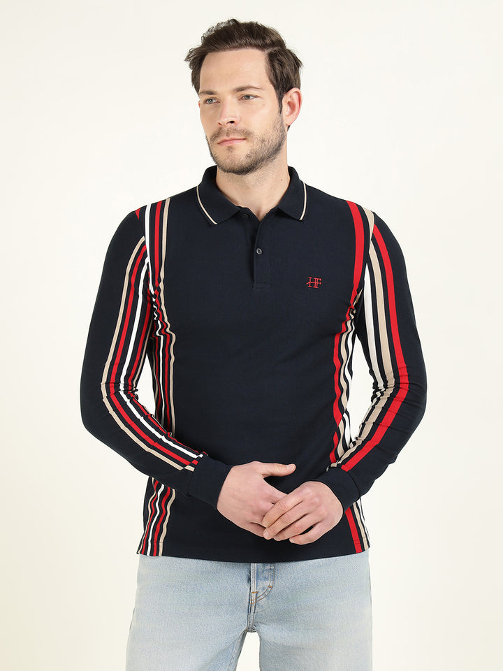 Hancock Men Navy Blue Vertical Striped Polo Collar Pure Cotton Stretch Slim Fit T-shirt