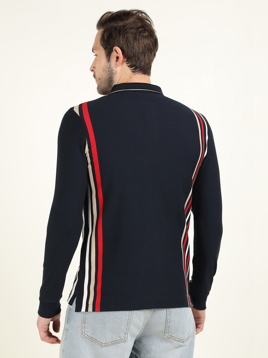 Hancock Men Navy Blue Vertical Striped Polo Collar Pure Cotton Stretch Slim Fit T-shirt