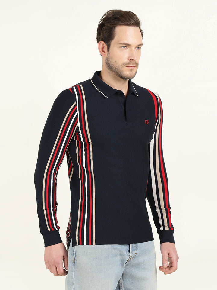 Hancock Men Navy Blue Vertical Striped Polo Collar Pure Cotton Stretch Slim Fit T-shirt