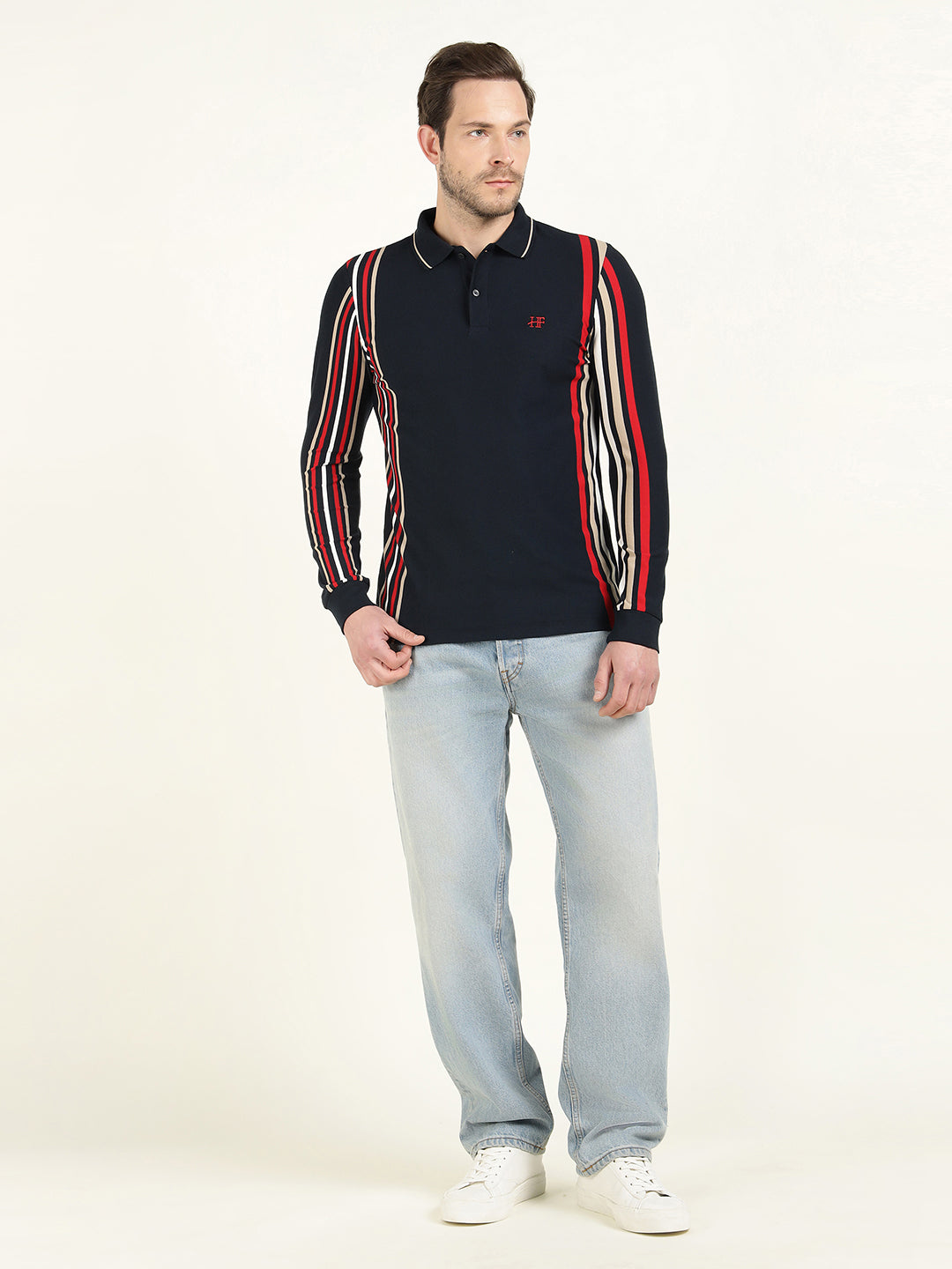 Hancock Men Navy Blue Vertical Striped Polo Collar Pure Cotton Stretch Slim Fit T-shirt