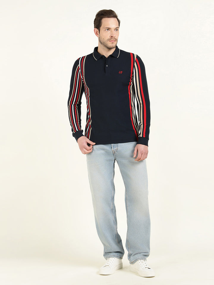 Hancock Men Navy Blue Vertical Striped Polo Collar Pure Cotton Stretch Slim Fit T-shirt