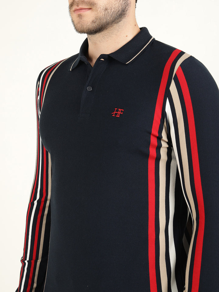 Hancock Men Navy Blue Vertical Striped Polo Collar Pure Cotton Stretch Slim Fit T-shirt