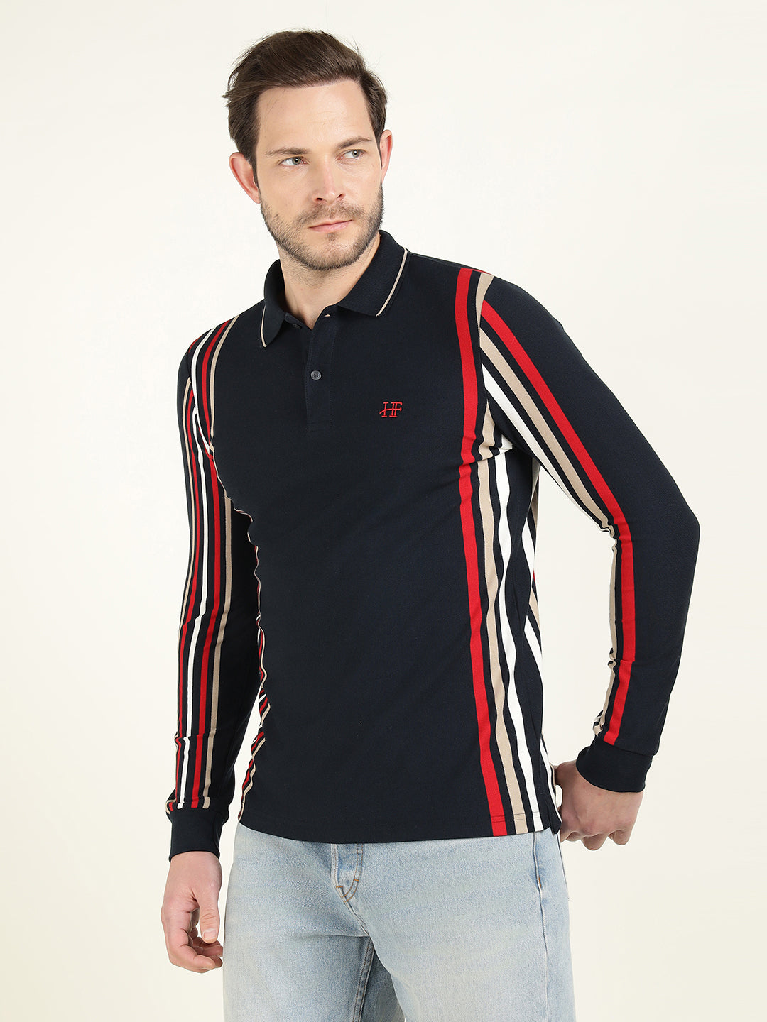 Hancock Men Navy Blue Vertical Striped Polo Collar Pure Cotton Stretch Slim Fit T-shirt
