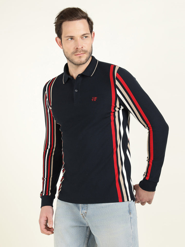 Hancock Men Navy Blue Vertical Striped Polo Collar Pure Cotton Stretch Slim Fit T-shirt
