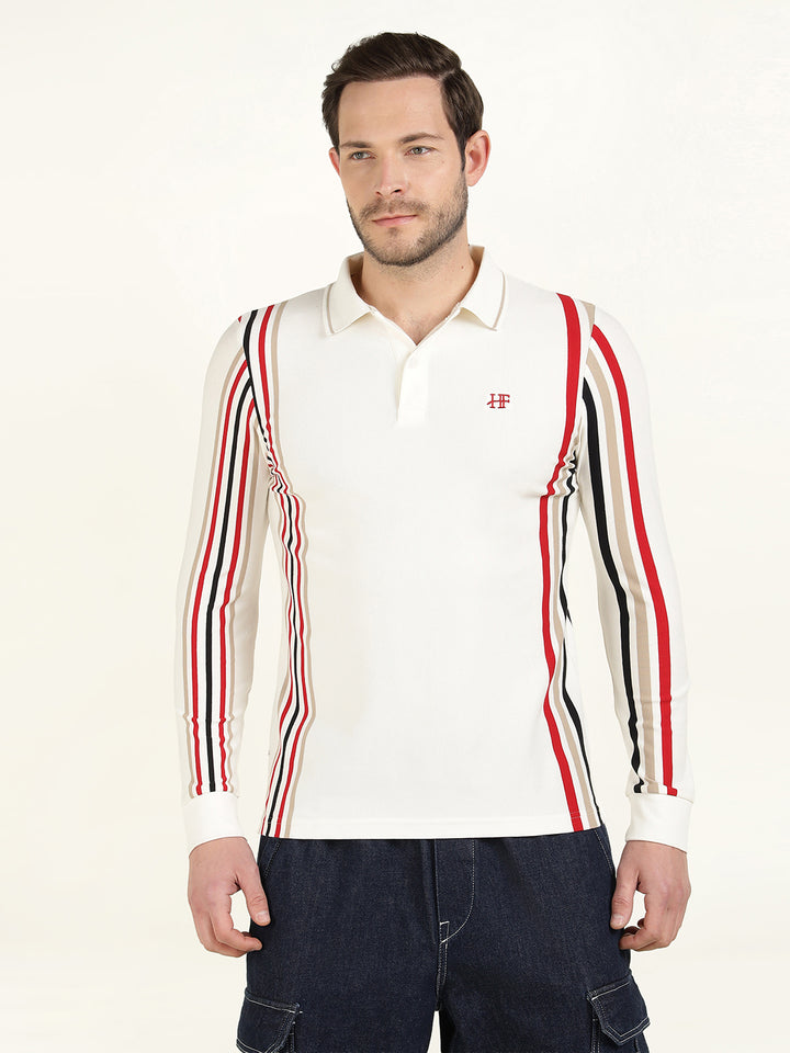 Hancock Men White Vertical Striped Polo Collar Pure Cotton Stretch Slim Fit T-shirt