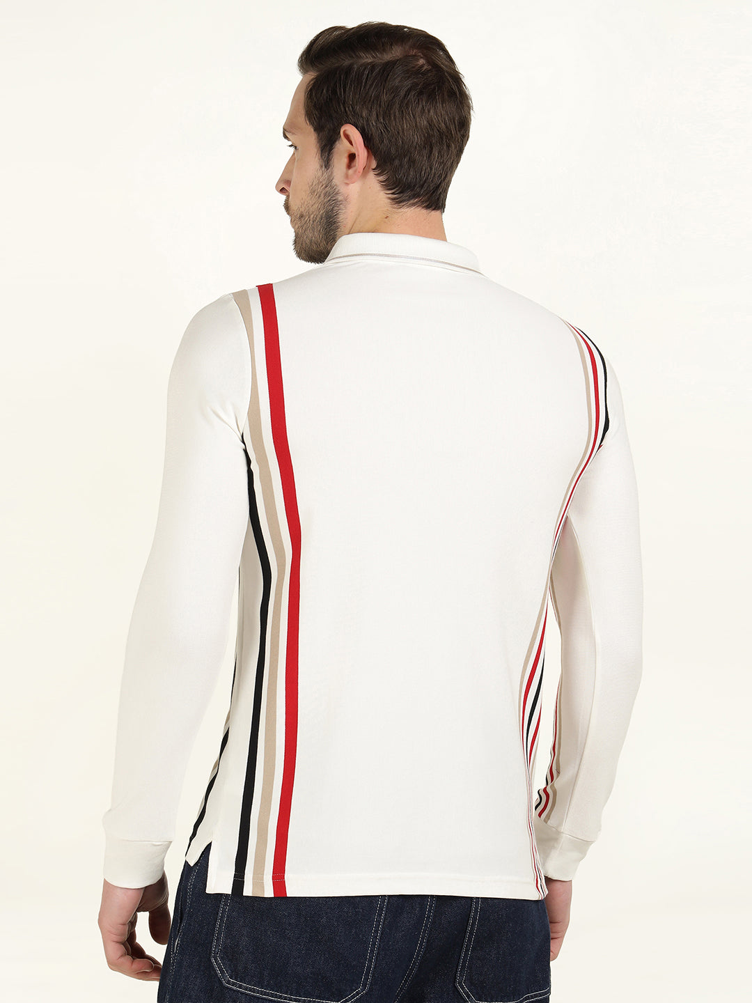 Hancock Men White Vertical Striped Polo Collar Pure Cotton Stretch Slim Fit T-shirt