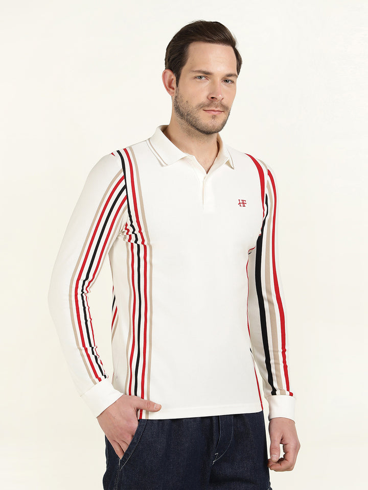 Hancock Men White Vertical Striped Polo Collar Pure Cotton Stretch Slim Fit T-shirt
