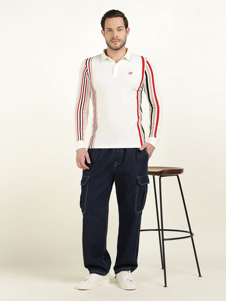 Hancock Men White Vertical Striped Polo Collar Pure Cotton Stretch Slim Fit T-shirt