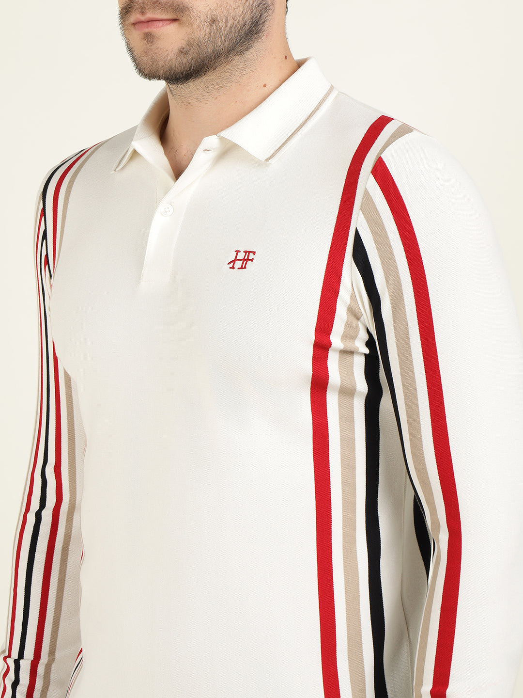 Hancock Men White Vertical Striped Polo Collar Pure Cotton Stretch Slim Fit T-shirt