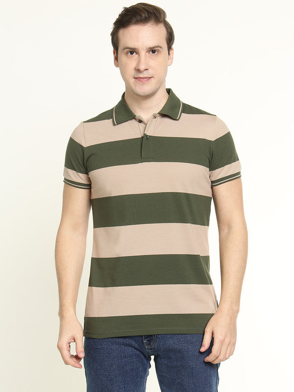 Men Beige & Olive Striped Bio Finish Pure Cotton Stretch Polo Collar Pique T-shirt