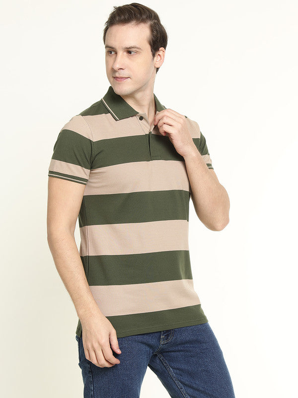 Men Beige & Olive Striped Bio Finish Pure Cotton Stretch Polo Collar Pique T-shirt