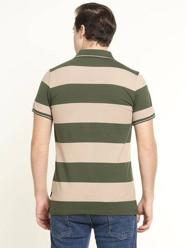 Men Beige & Olive Striped Bio Finish Pure Cotton Stretch Polo Collar Pique T-shirt