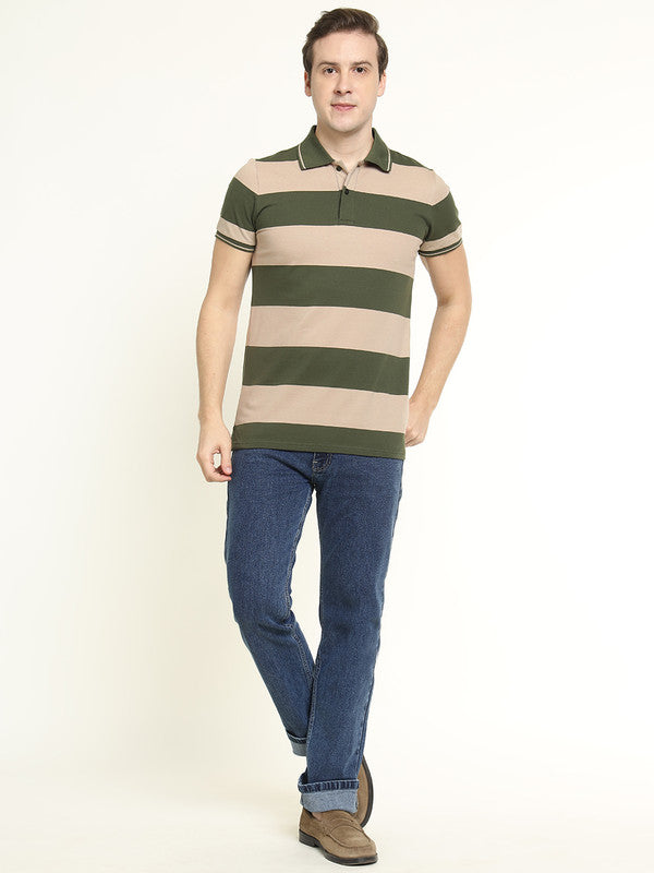 Men Beige & Olive Striped Bio Finish Pure Cotton Stretch Polo Collar Pique T-shirt
