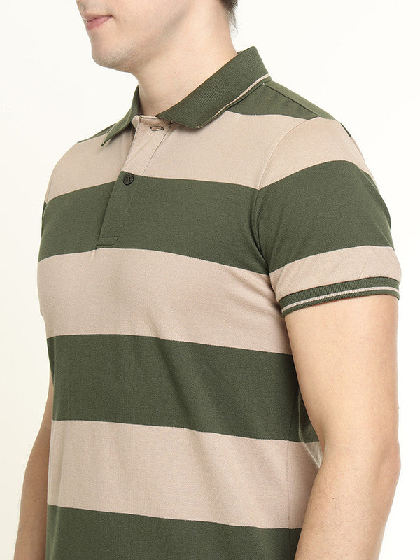 Men Beige & Olive Striped Bio Finish Pure Cotton Stretch Polo Collar Pique T-shirt