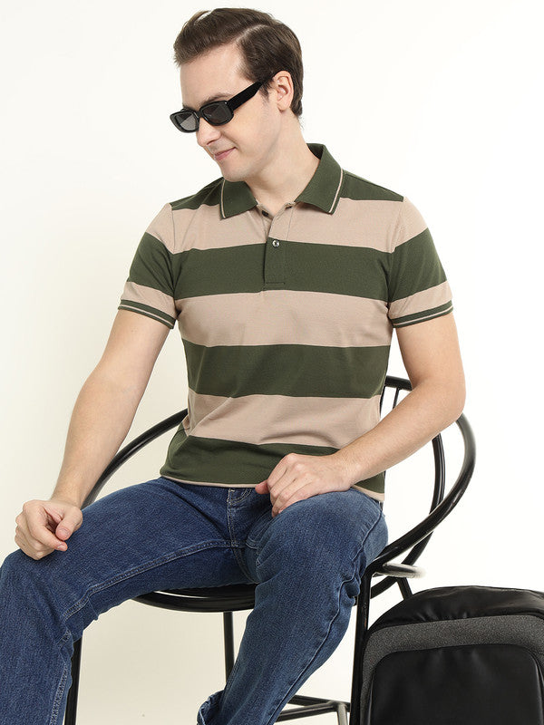 Men Beige & Olive Striped Bio Finish Pure Cotton Stretch Polo Collar Pique T-shirt