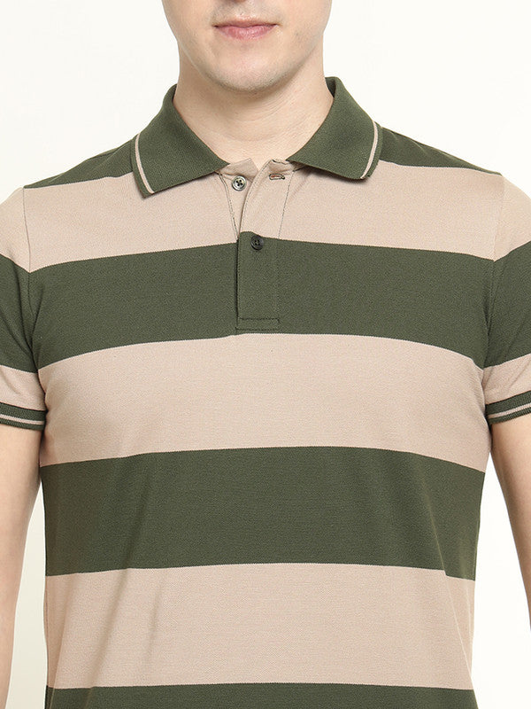Men Beige & Olive Striped Bio Finish Pure Cotton Stretch Polo Collar Pique T-shirt