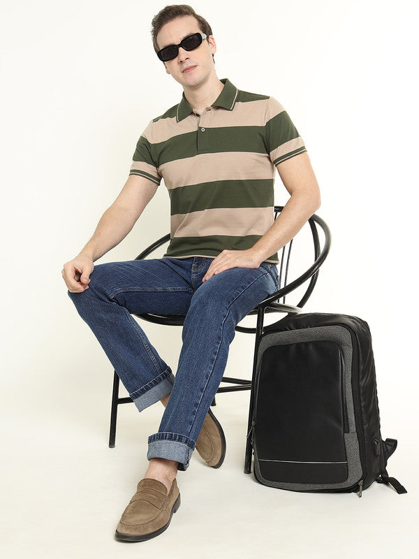 Men Beige & Olive Striped Bio Finish Pure Cotton Stretch Polo Collar Pique T-shirt