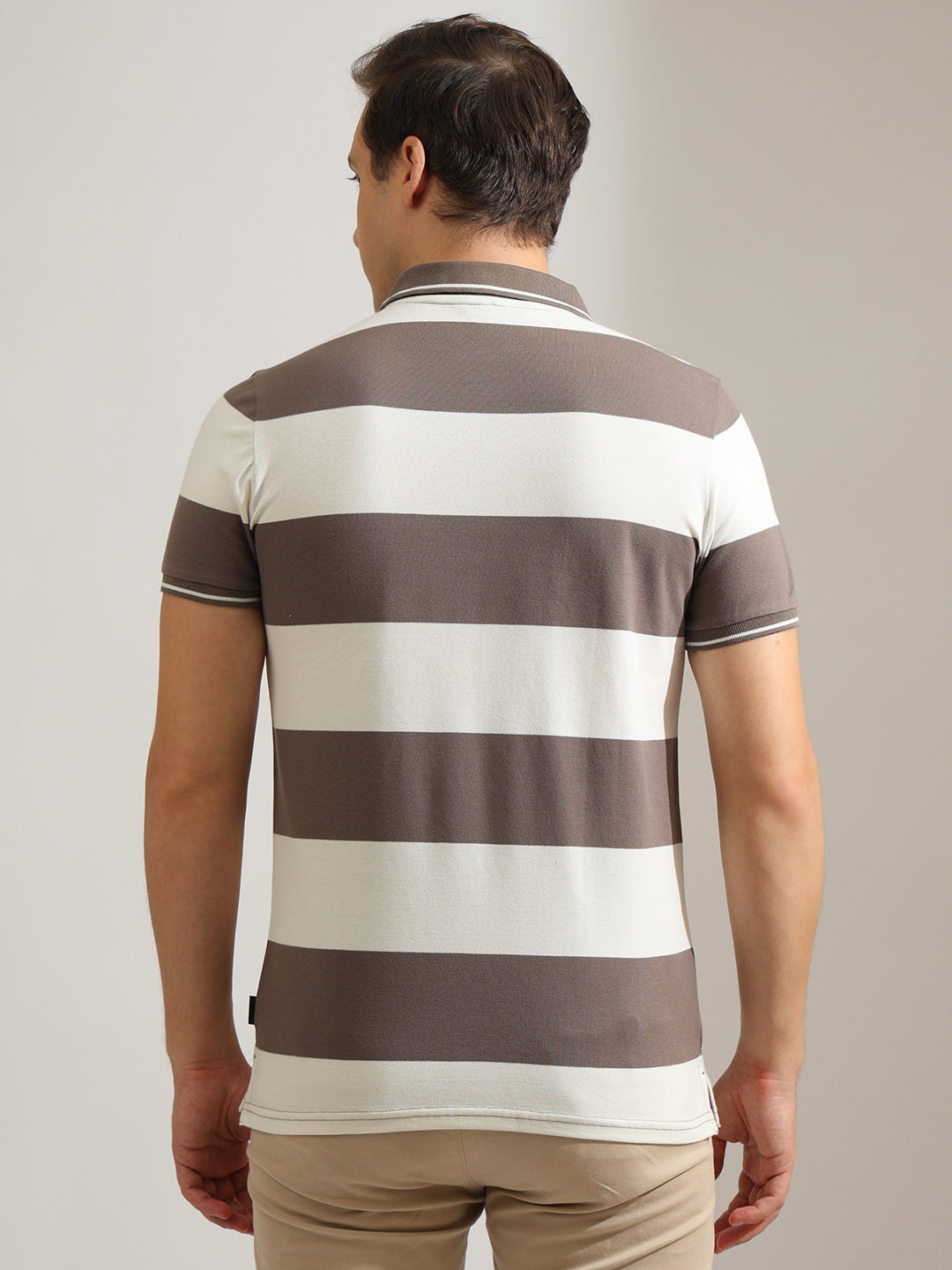 Hancock   Men   Grey & Cream   Stripes   Cotton Elastane   Slim Fit   Casual   TShirt