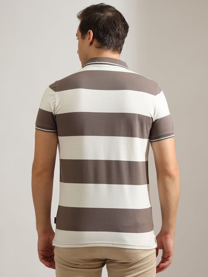 Hancock   Men   Grey & Cream   Stripes   Cotton Elastane   Slim Fit   Casual   TShirt