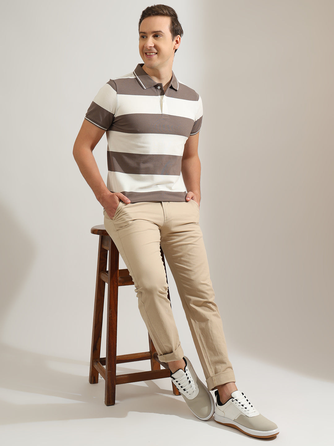 Hancock   Men   Grey & Cream   Stripes   Cotton Elastane   Slim Fit   Casual   TShirt