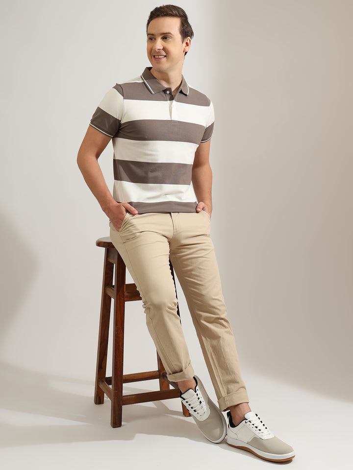 Hancock   Men   Grey & Cream   Stripes   Cotton Elastane   Slim Fit   Casual   TShirt