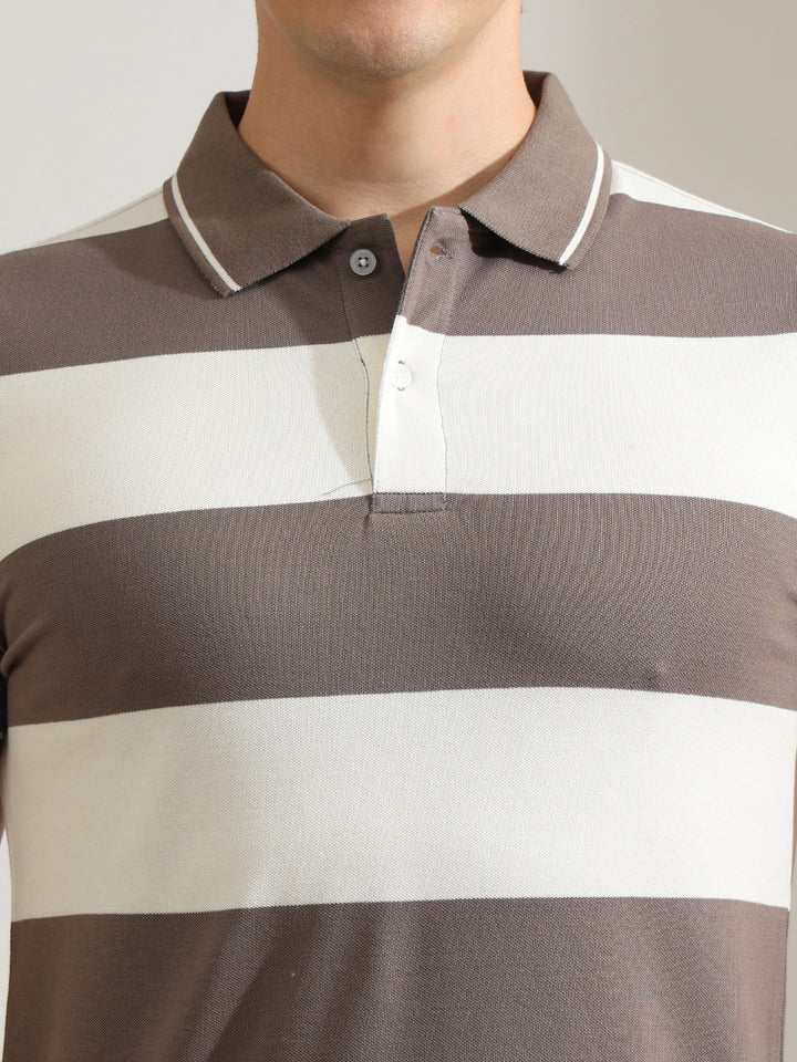 Hancock   Men   Grey & Cream   Stripes   Cotton Elastane   Slim Fit   Casual   TShirt