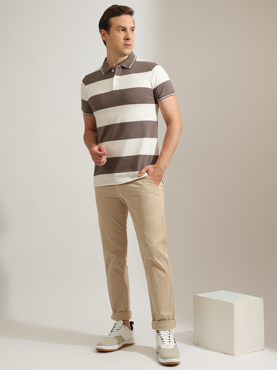 Hancock   Men   Grey & Cream   Stripes   Cotton Elastane   Slim Fit   Casual   TShirt