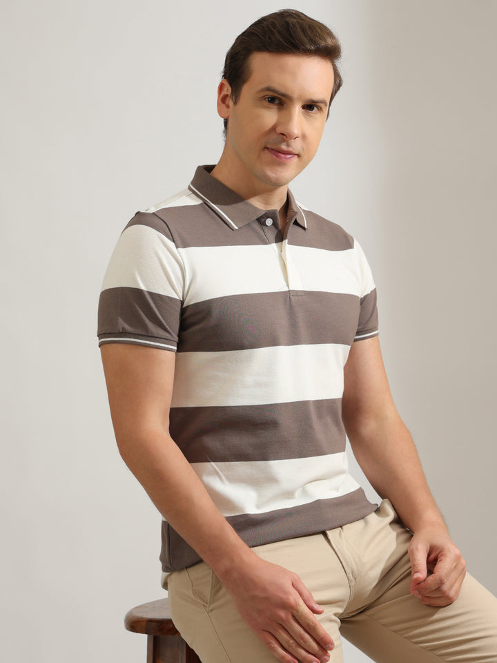 Hancock   Men   Grey & Cream   Stripes   Cotton Elastane   Slim Fit   Casual   TShirt