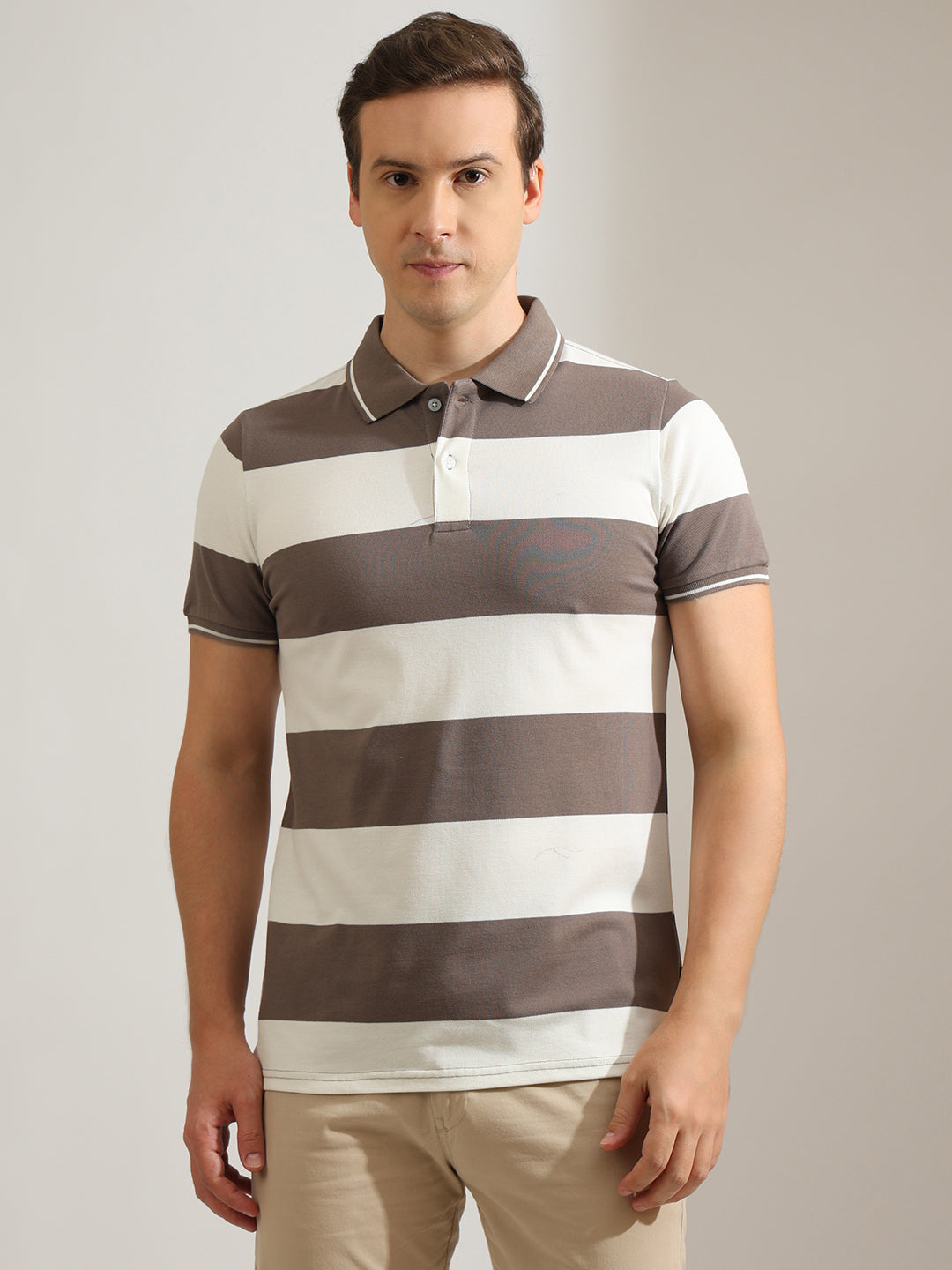 Hancock   Men   Grey & Cream   Stripes   Cotton Elastane   Slim Fit   Casual   TShirt