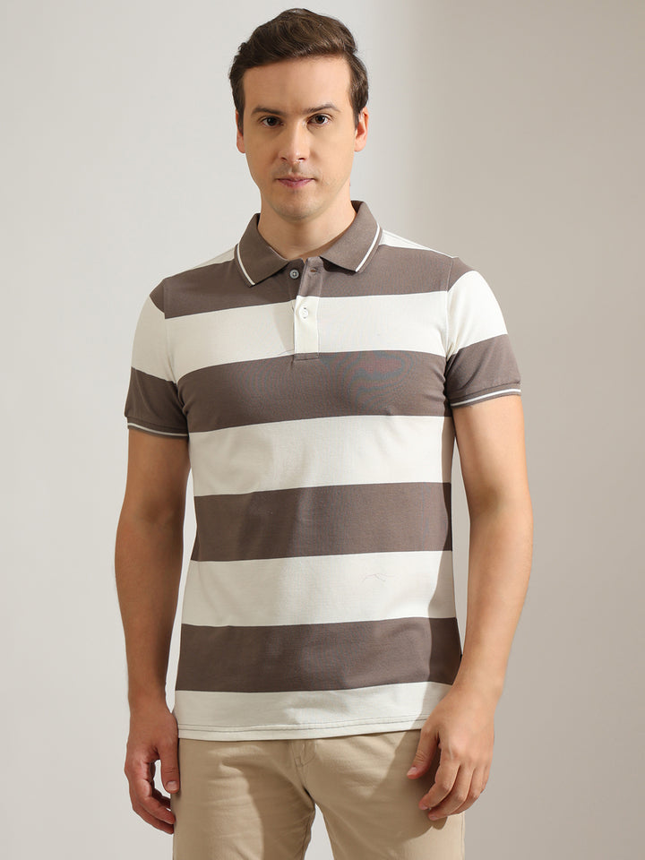 Hancock   Men   Grey & Cream   Stripes   Cotton Elastane   Slim Fit   Casual   TShirt