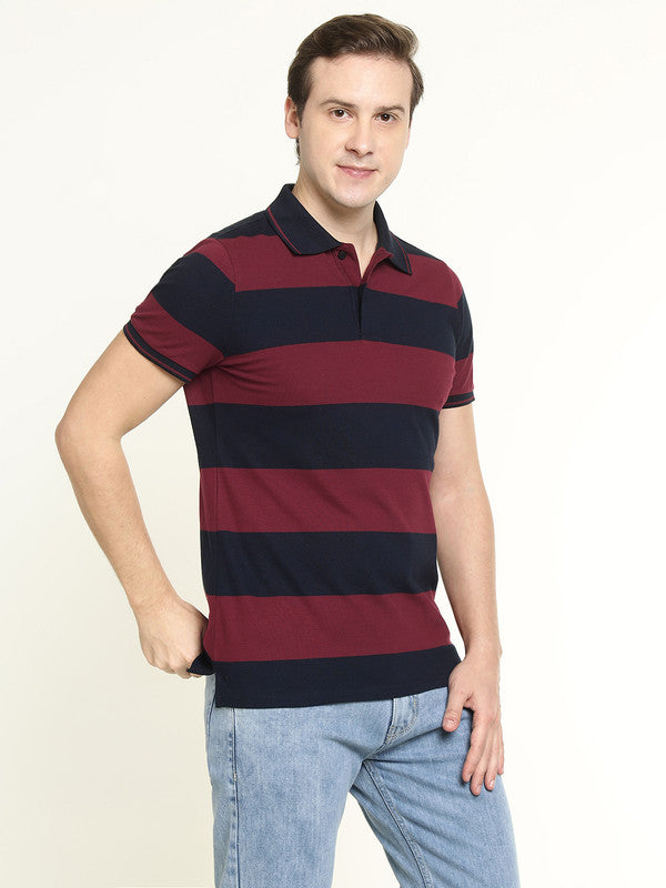 Hancock Men Maroon & Navy Striped Bio Finish Pure Cotton Stretch Polo Collar Pique T-shirt