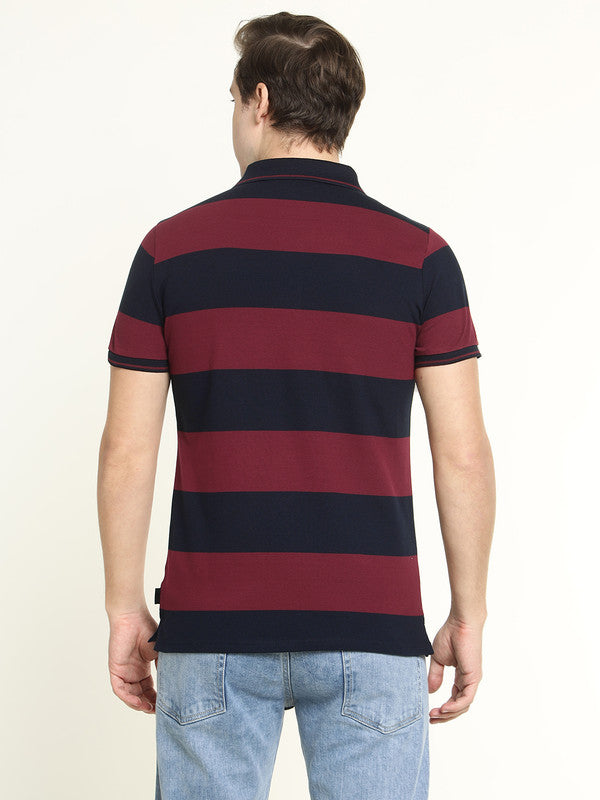 Hancock Men Maroon & Navy Striped Bio Finish Pure Cotton Stretch Polo Collar Pique T-shirt