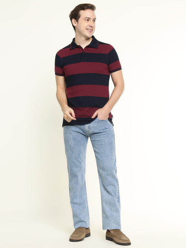 Hancock Men Maroon & Navy Striped Bio Finish Pure Cotton Stretch Polo Collar Pique T-shirt