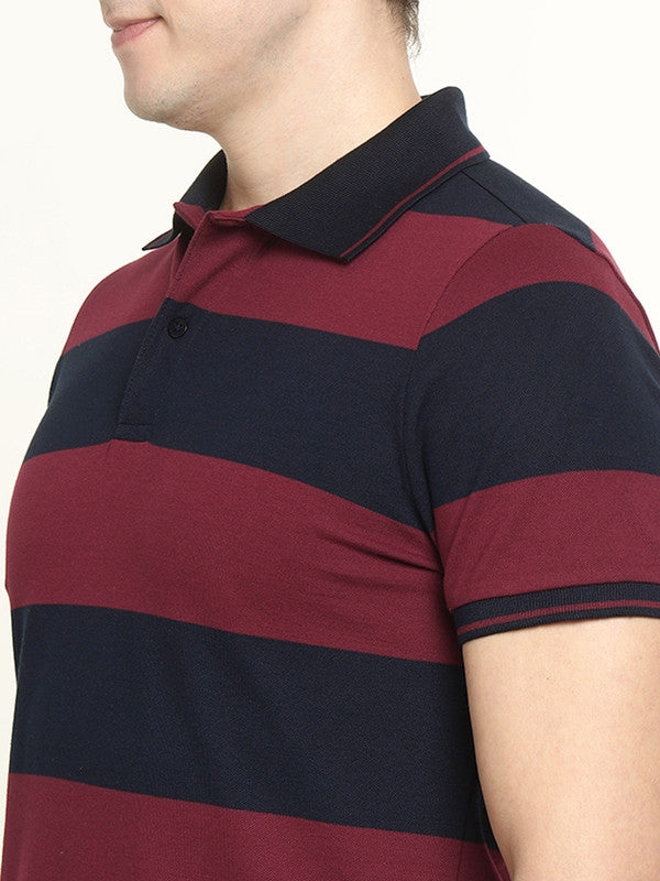 Hancock Men Maroon & Navy Striped Bio Finish Pure Cotton Stretch Polo Collar Pique T-shirt
