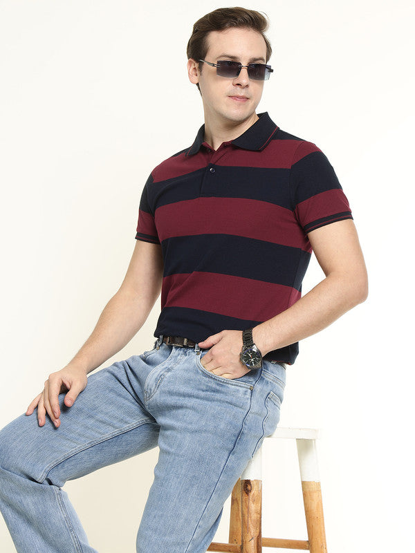 Hancock Men Maroon & Navy Striped Bio Finish Pure Cotton Stretch Polo Collar Pique T-shirt