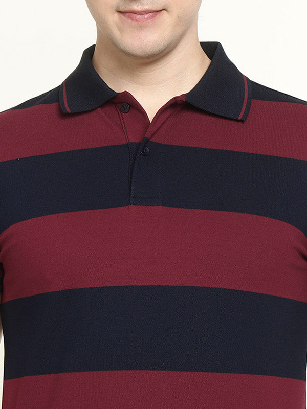 Hancock Men Maroon & Navy Striped Bio Finish Pure Cotton Stretch Polo Collar Pique T-shirt