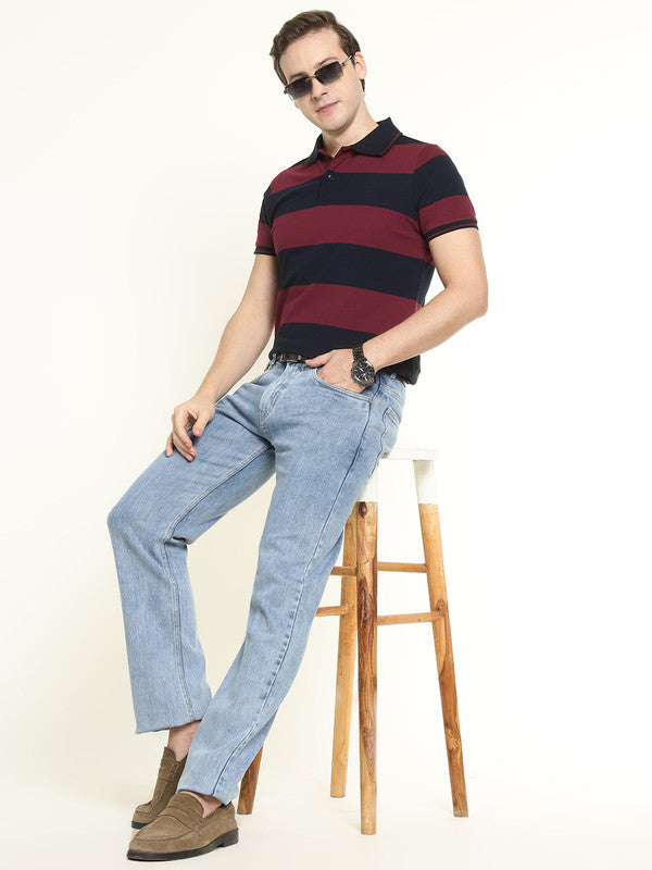 Hancock Men Maroon & Navy Striped Bio Finish Pure Cotton Stretch Polo Collar Pique T-shirt